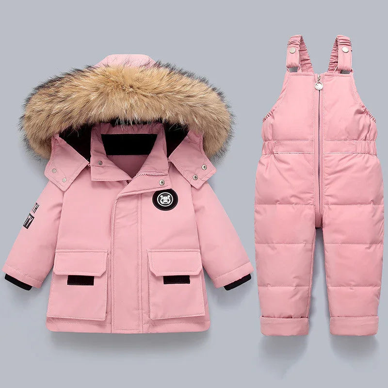 Pink toddler winter jacket with fur hood and matching quilted snow bib overalls