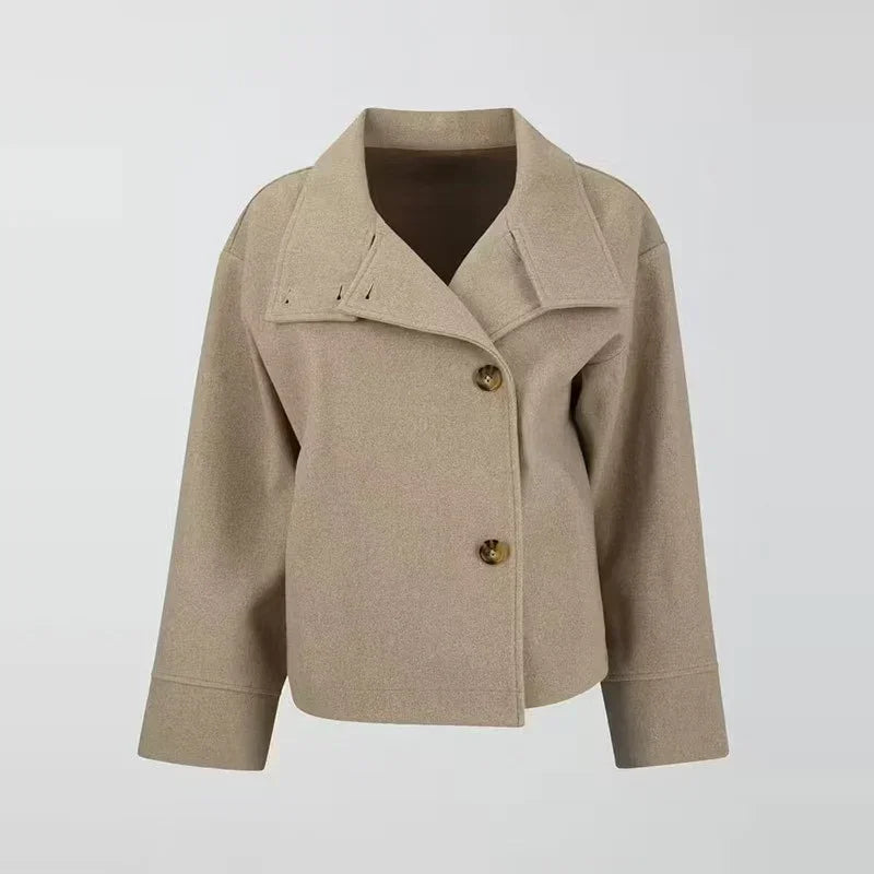 Beige wool blend women's coat with wide lapel collar and two-button front closure