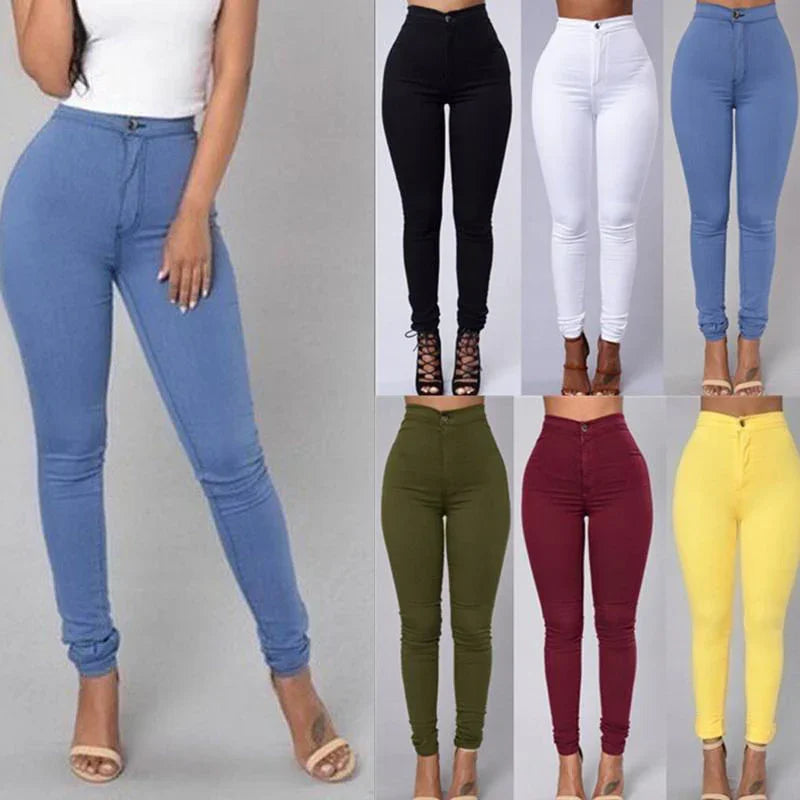 Women wearing high-waisted skinny jeans in various colors including blue, black, white, olive, maroon, and yellow