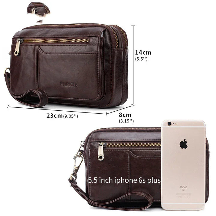 dark brown leather wristlet bag with multiple zippered pockets, measuring 23x14x8 cm, shown with iPhone 6s Plus
