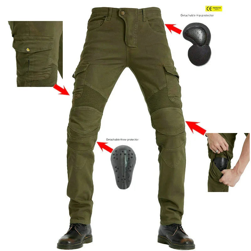 Olive green motorcycle pants with detachable hip and knee protectors, multiple pockets