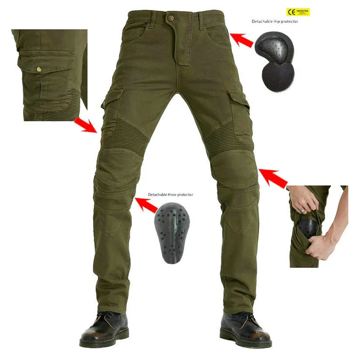 Olive green motorcycle pants with detachable hip and knee protectors, multiple pockets