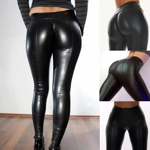 Glossy black faux leather leggings shown from rear and side views on hardwood floor background