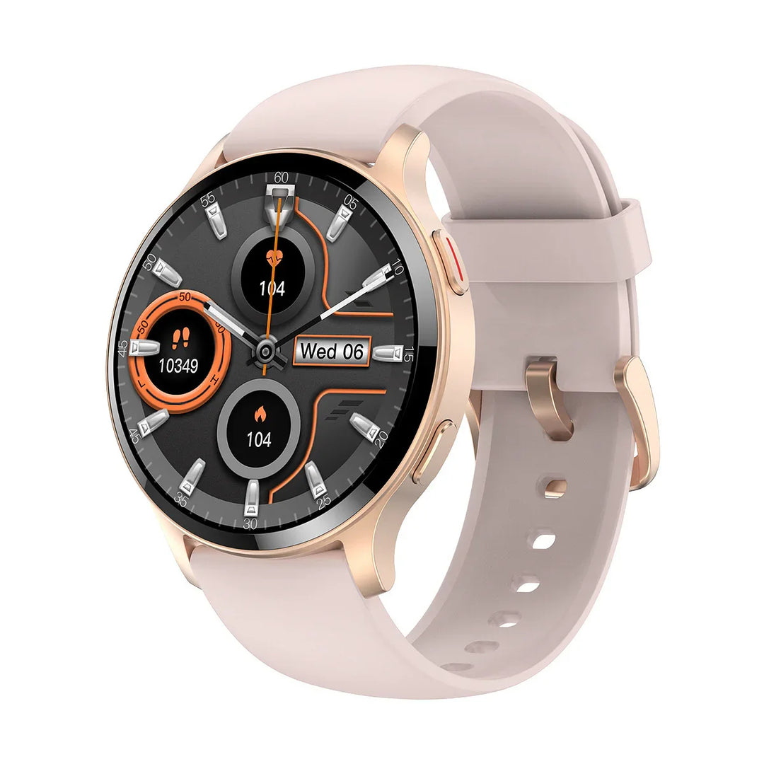 Smartwatch with rose gold case, pink silicone strap, and fitness tracking display on white background