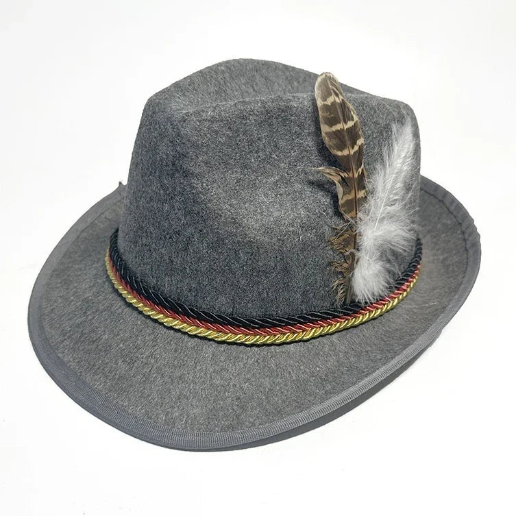Gray felt fedora hat with decorative black, red, and gold braided band and brown and white feathers