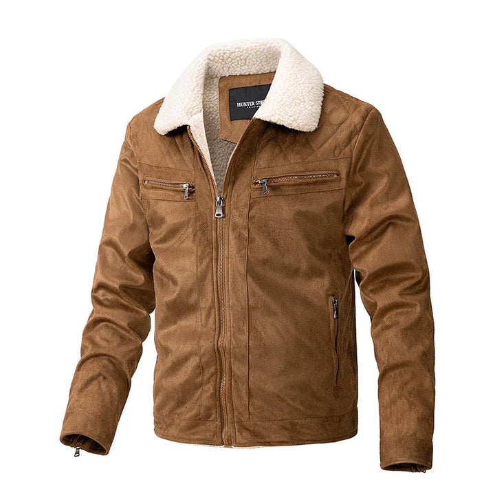 Brown suede winter jacket with white sherpa collar and zippered pockets