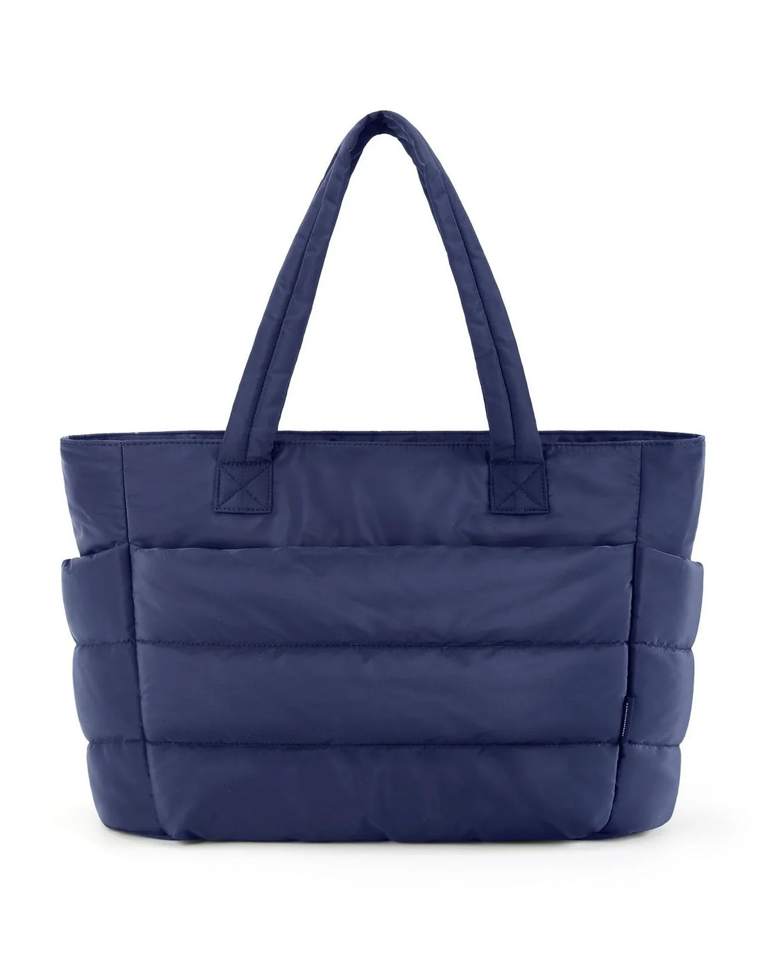 Navy blue padded tote bag with dual handles and side pockets on white background