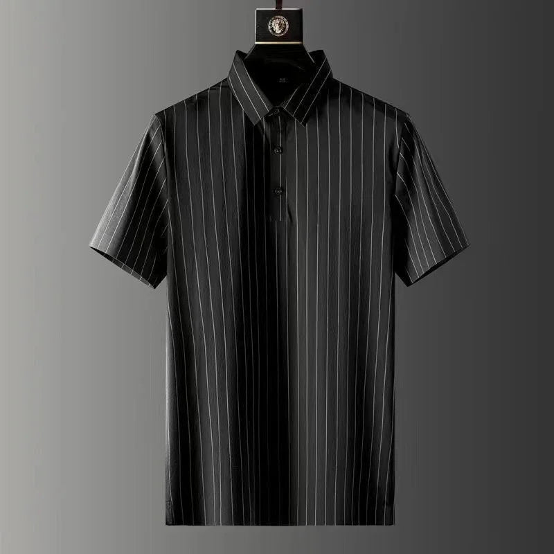 Black short-sleeve polo shirt with thin white vertical pinstripes on gray background