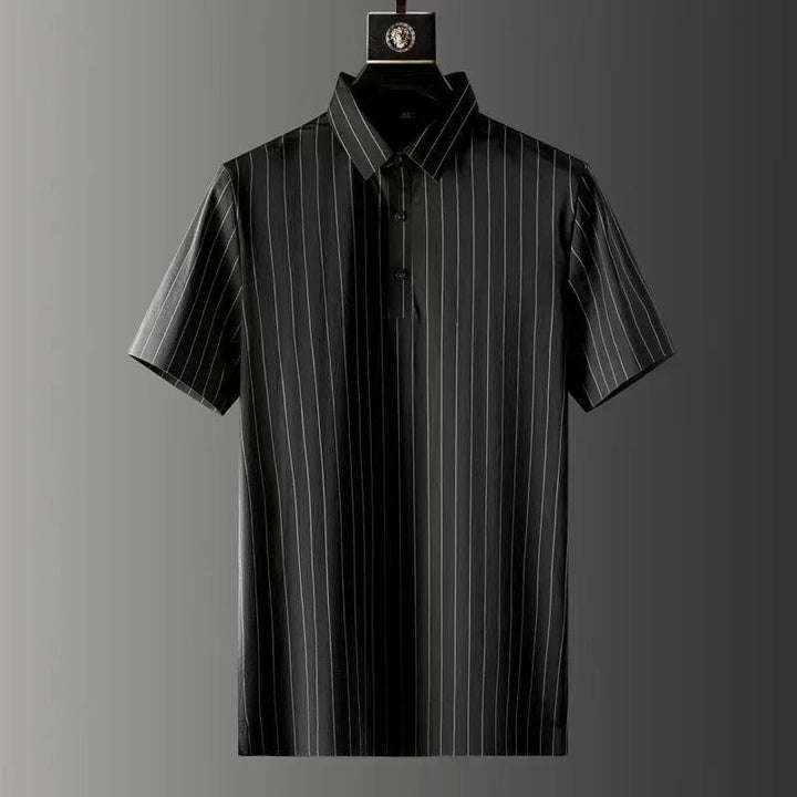 Black short-sleeve polo shirt with thin white vertical pinstripes on gray background