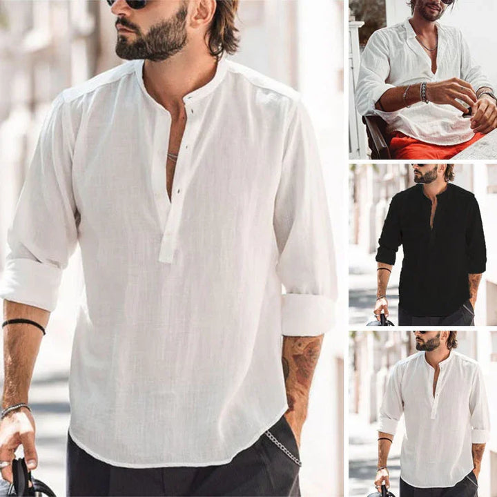 Stylish man modeling casual cotton mandarin collar shirts in white and black with rolled sleeves