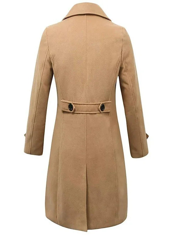 Back view of a camel brown wool blend women's long coat with buttons and a center back vent