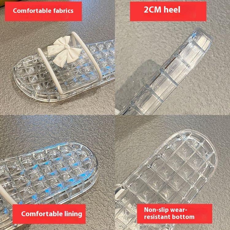 Transparent slide sandal with 2cm heel, non-slip sole, comfortable lining and white bow detail