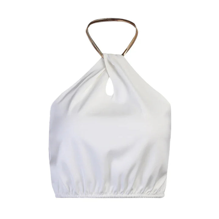 White halter crop top with keyhole detail and brown adjustable neck strap