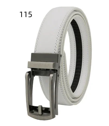 White leather belt with metallic silver rectangular buckle and stitching detail