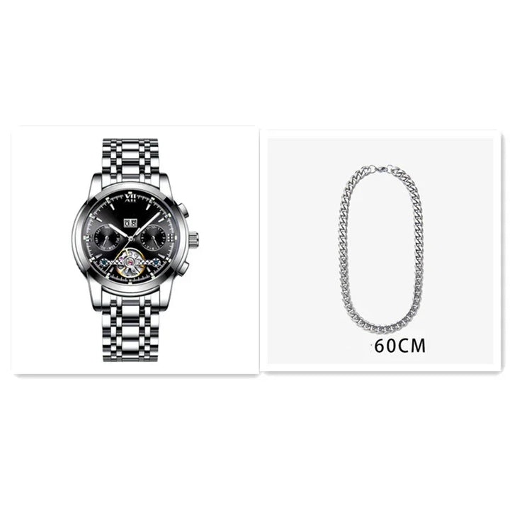 Silver stainless steel wristwatch with black dial and silver chain necklace 60cm