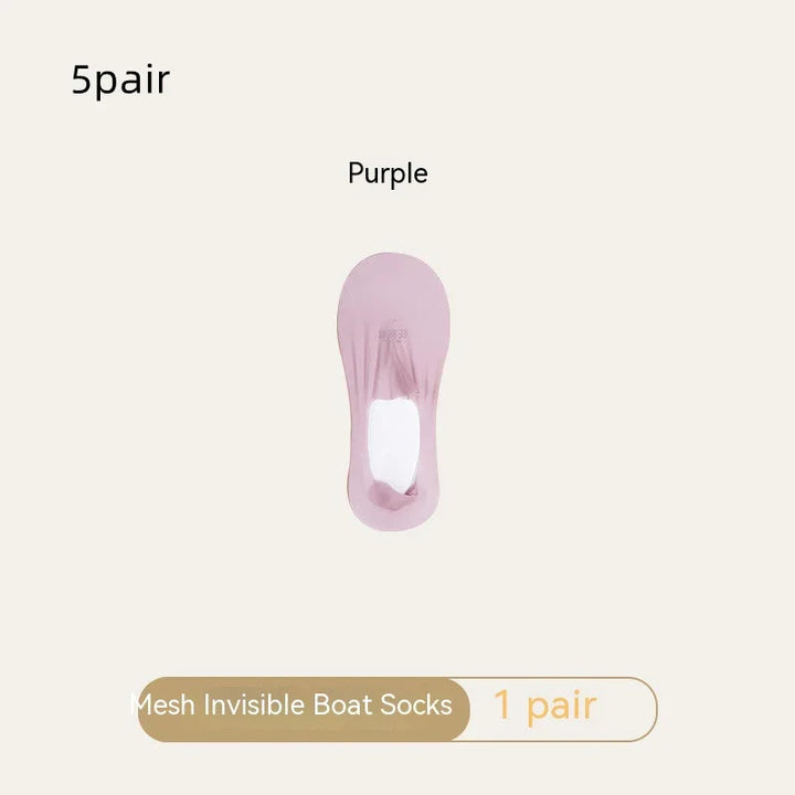 Single purple mesh invisible boat sock for women on beige background