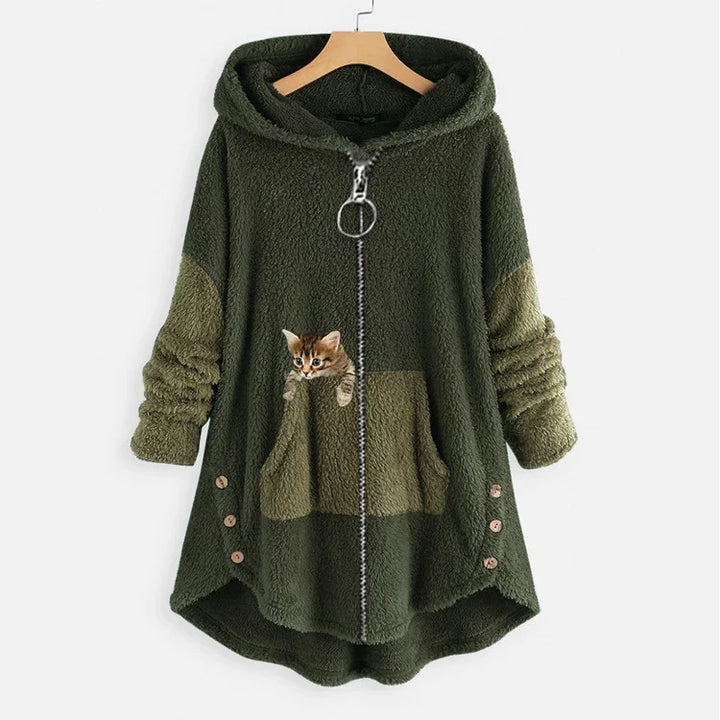 Green fleece hooded jacket with front zipper, button details, and a kitten peeking from front pocket