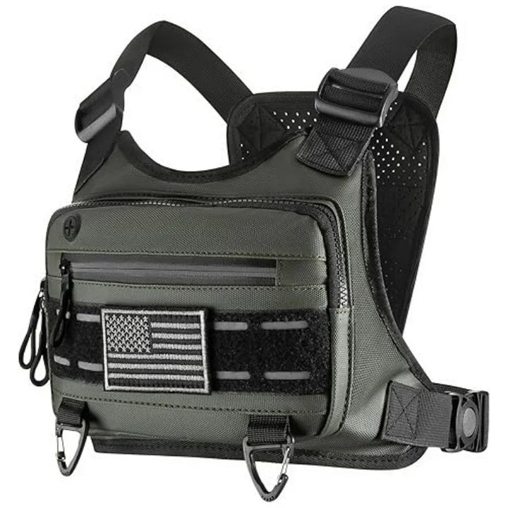 tactical chest rig vest in olive green with black straps, zippered pockets, and American flag patch