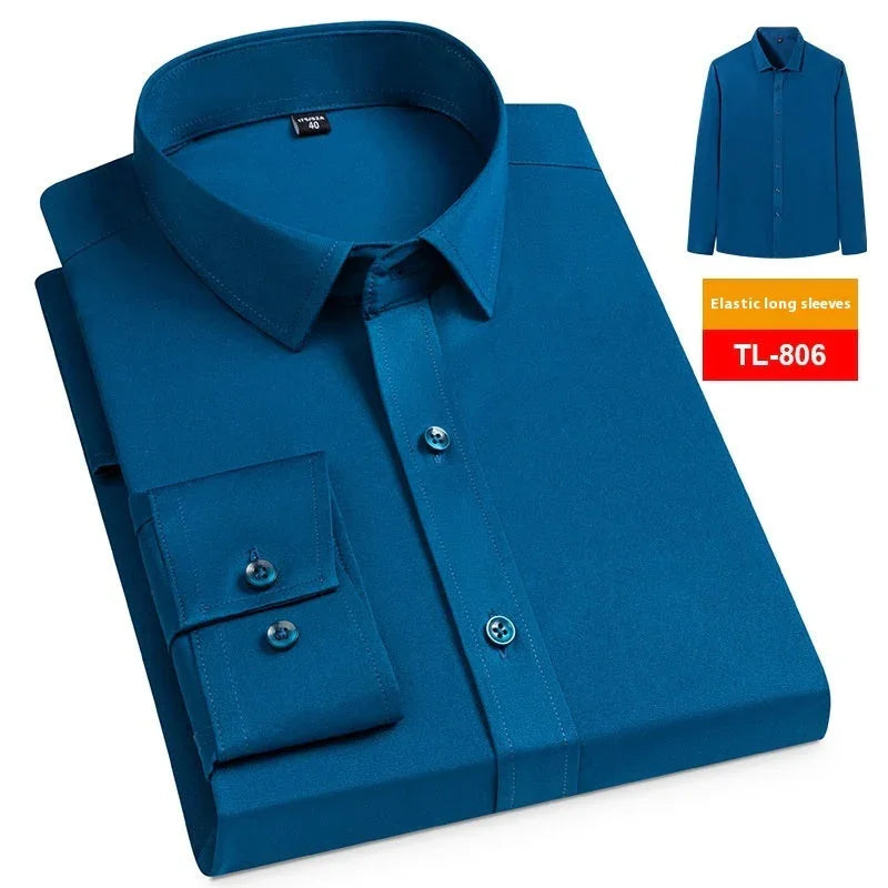 Folded blue men's dress shirt with buttoned cuffs and classic collar, labeled TL-806 elastic long sleeves