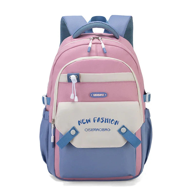 Pink and blue fashion backpack with multiple pockets and adjustable straps