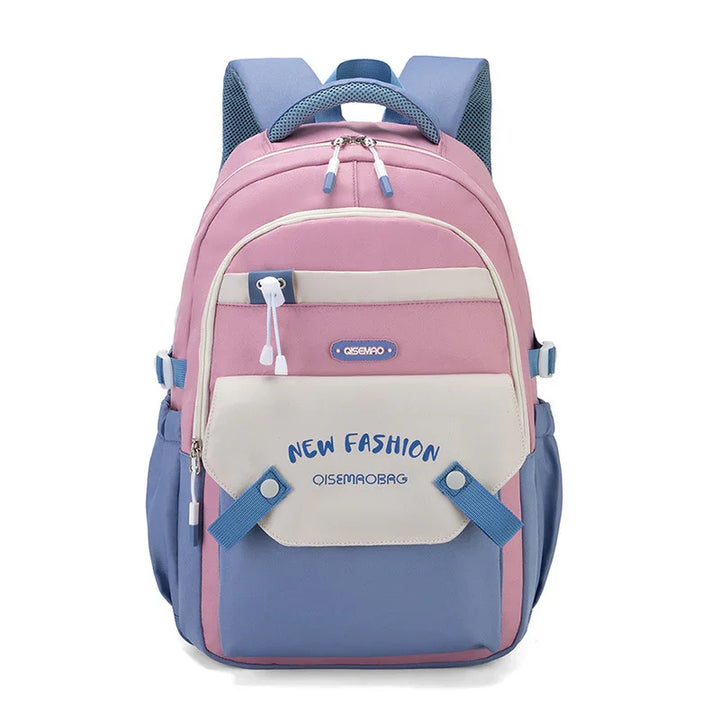 Pink and blue fashion backpack with multiple pockets and adjustable straps