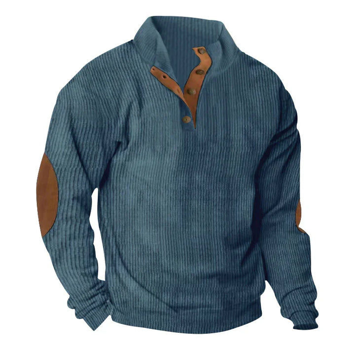 mens ribbed blue pullover sweater with brown button placket and elbow patches