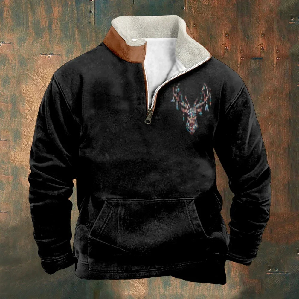 Black fleece pullover with half zipper, brown collar trim, white inner lining, and pixelated deer head logo