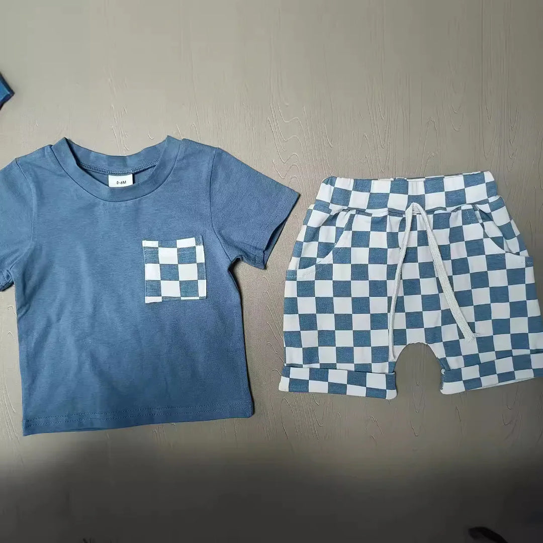 Blue toddler outfit with checkered pocket t-shirt and checkered shorts with drawstring