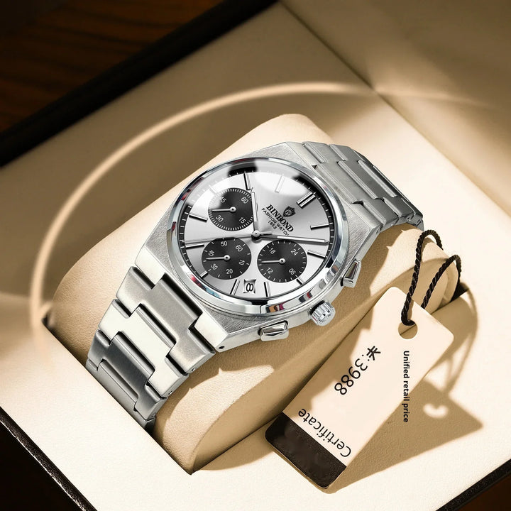 Silver BINBOND chronograph wristwatch with metal band in beige watch box with price tag