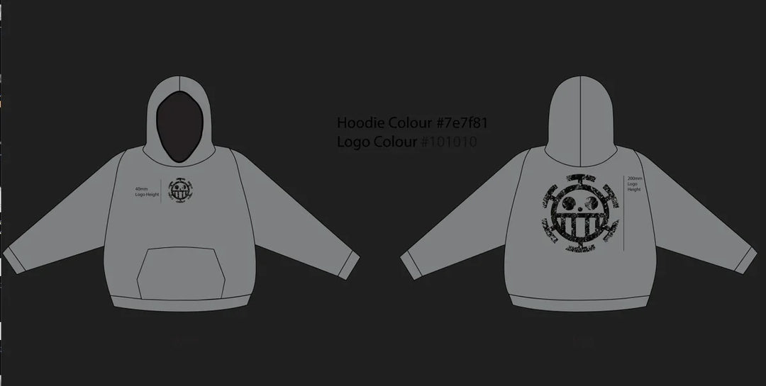 Gray hoodie mockup with small front and large distressed black logo on back, design specs included