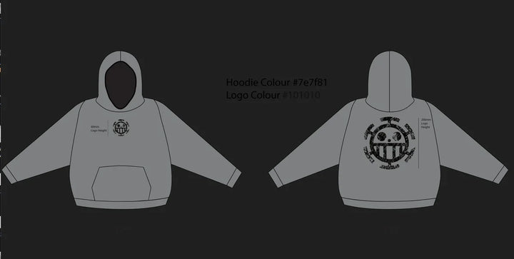 Gray hoodie mockup with small front and large distressed black logo on back, design specs included