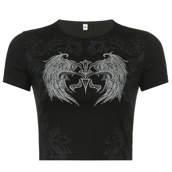 Black cropped t-shirt with silver tribal wing design and subtle dark patterns