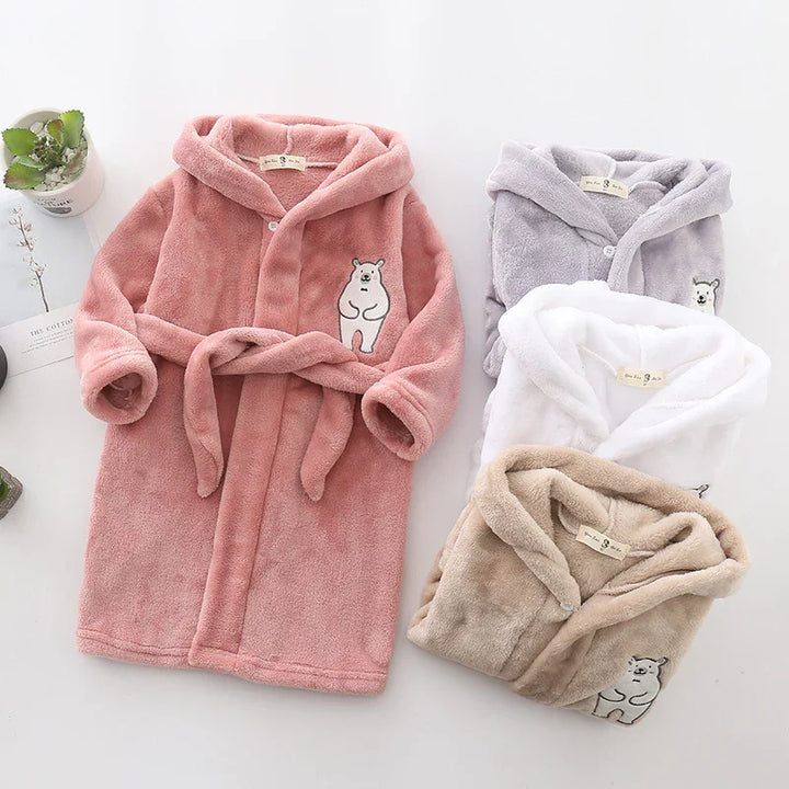 Soft plush hooded bathrobes in pink, gray, white, and beige with bear embroidery and belt