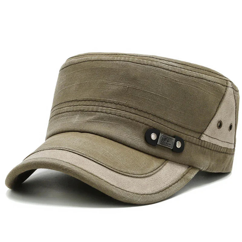 khaki military style cap with stitched details and decorative metal badge