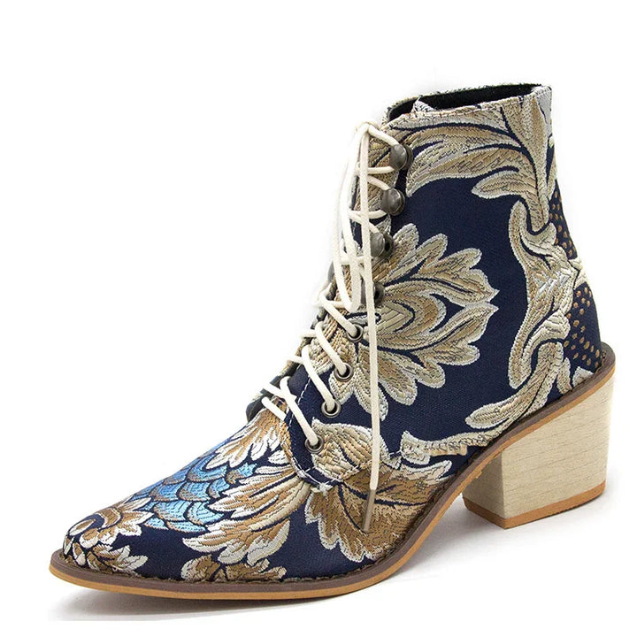 Navy blue floral embroidered lace-up ankle boot with block heel and beige sole