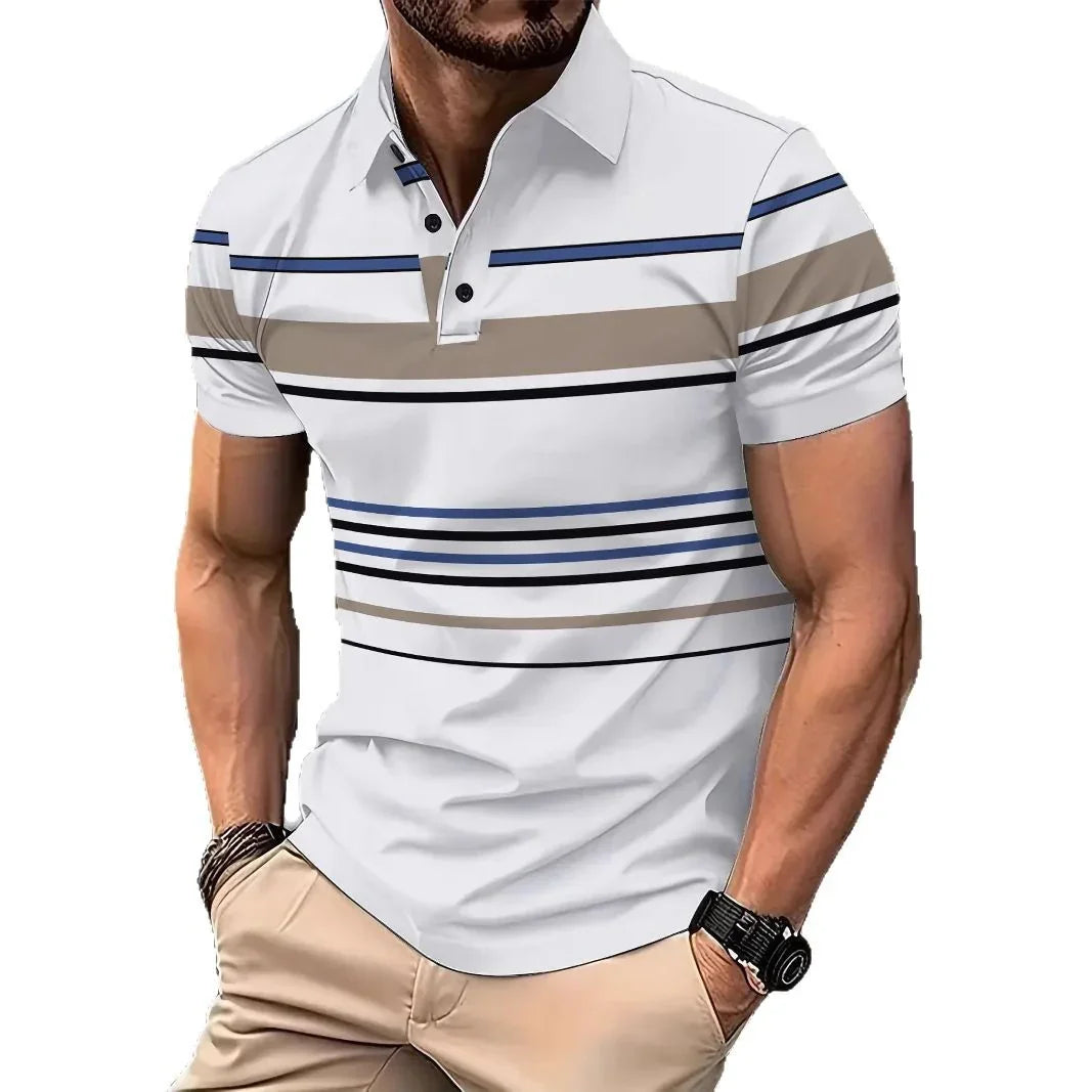 Muscular man wearing white polo shirt with blue, beige, and black horizontal stripes and beige pants