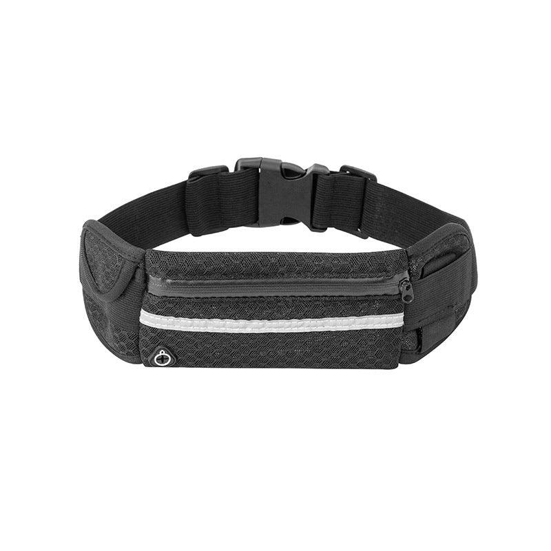 Black adjustable running belt with zippered pouch and reflective strip for outdoor fitness