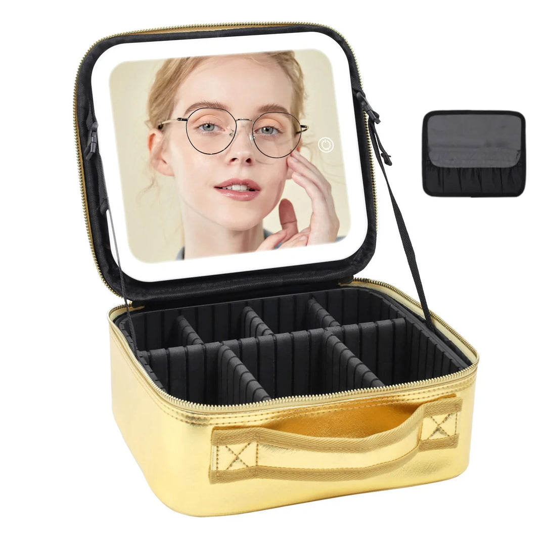 Gold makeup organizer case with adjustable compartments and built-in lighted mirror displaying a woman's face