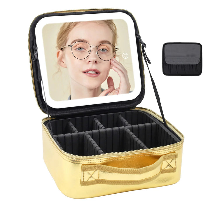 Gold makeup organizer case with adjustable compartments and built-in lighted mirror displaying a woman's face