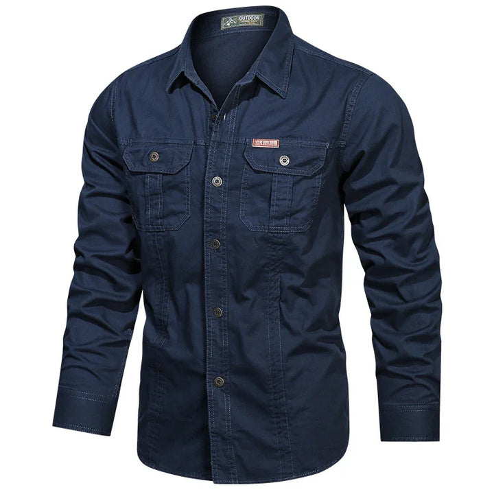 Men's navy blue long sleeve casual shirt with buttoned chest pockets and collar