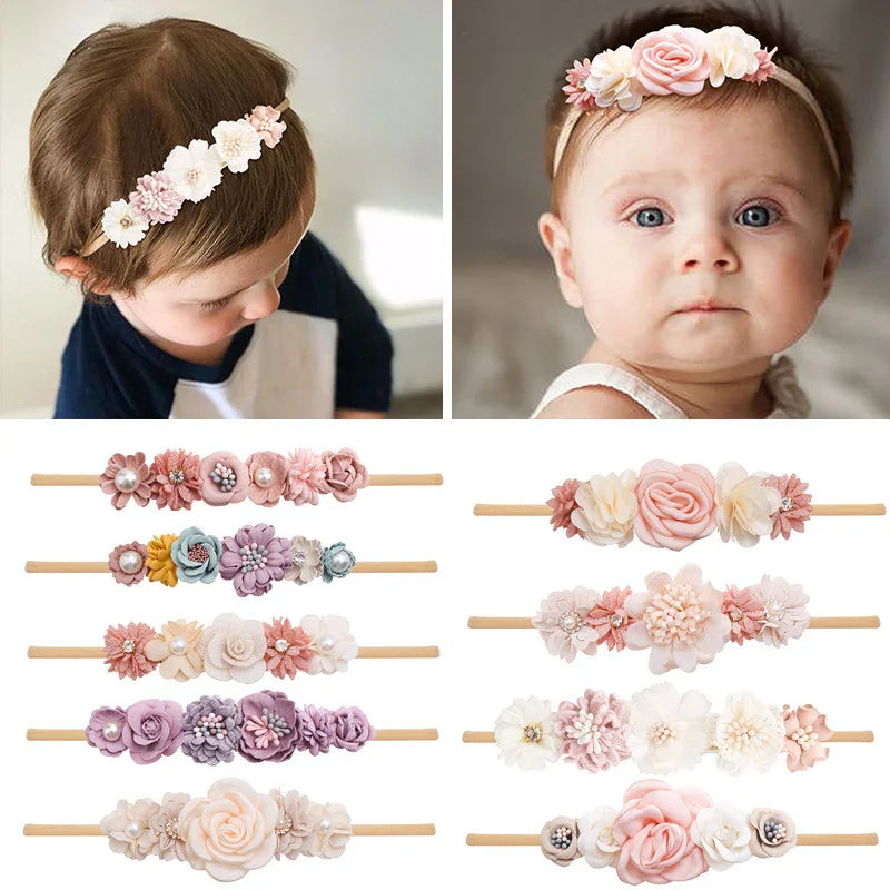 Baby and toddler wearing floral headbands, displayed with 10 assorted pastel flower nylon headbands for infants