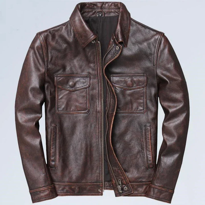 Dark brown leather jacket with front zipper, buttoned chest pockets, and side pockets