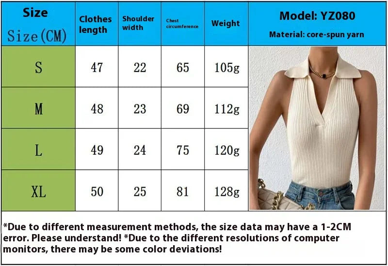Size chart for sleeveless ribbed knit top with collar in cream, showing S to XL measurements and weight