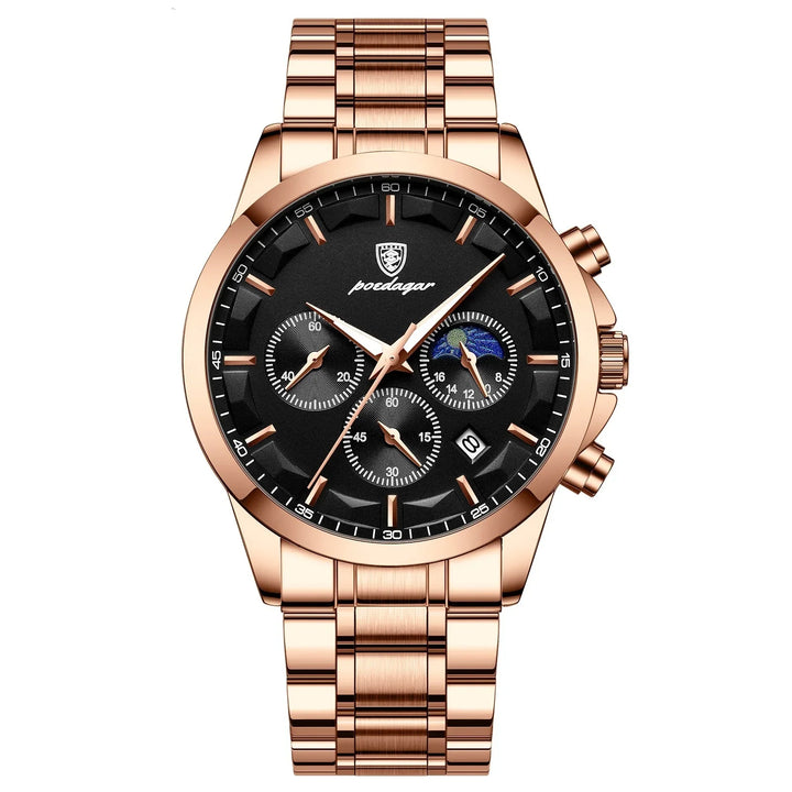 Rose gold men's wristwatch with black dial, chronograph subdials, and metal bracelet
