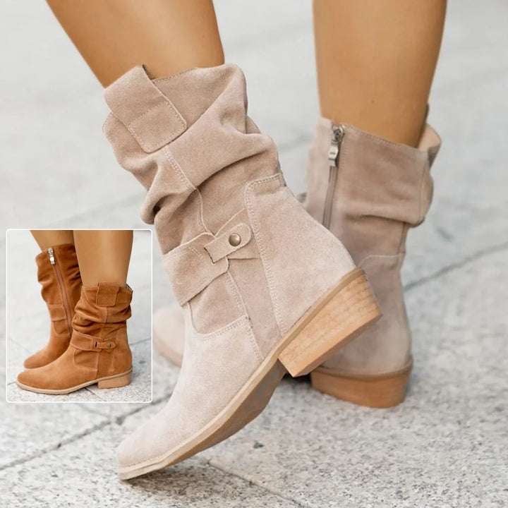 Women's beige suede ankle boots with wooden low heel and side zipper, folded cuff design