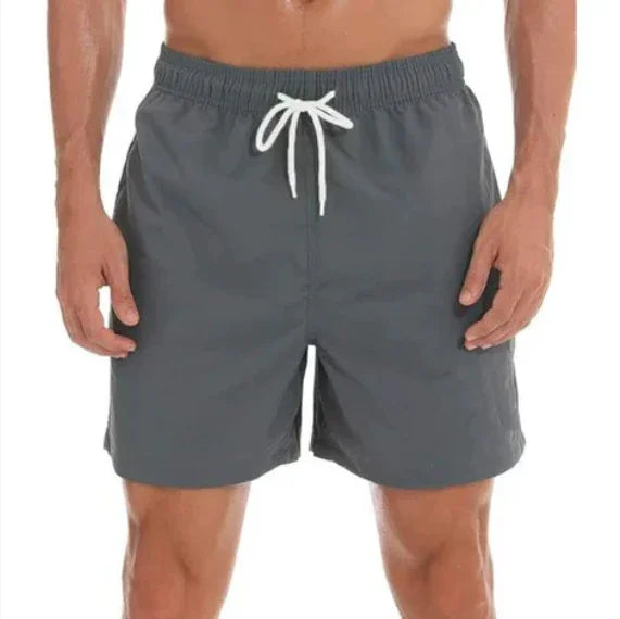Men's gray swim shorts with white drawstring, elastic waist, mid-thigh length
