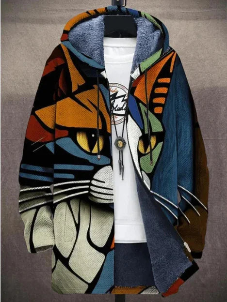 Colorful hooded jacket with abstract cat face design and faux fur lining over a white shirt