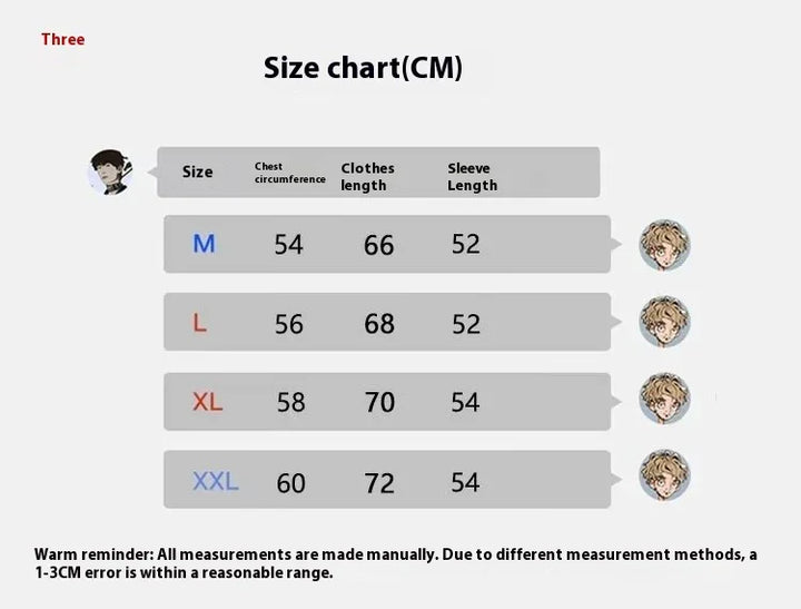 Size chart in cm showing chest, clothes length, and sleeve length for M, L, XL, XXL with anime character icons