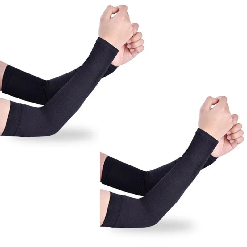 Black compression arm sleeves worn on both arms against white background