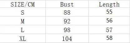 Size chart table displaying bust and length measurements in cm for S to XL clothing sizes.